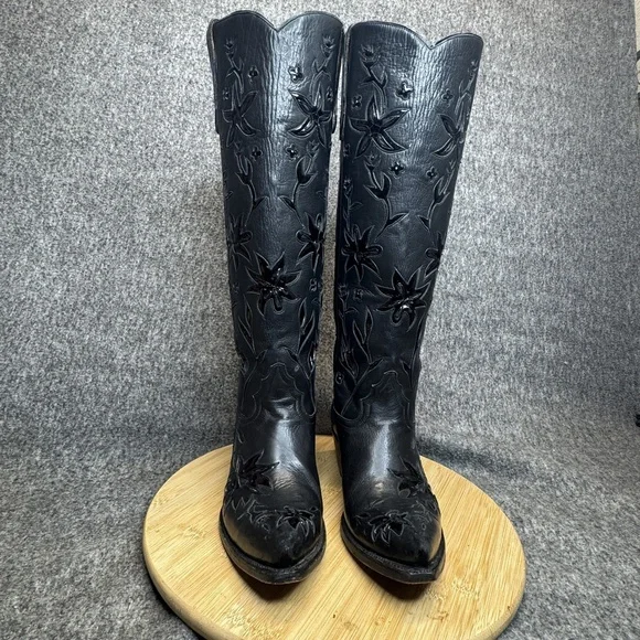 Liberty Boot Co Black Leather Cowboy Boots Sz 7B Tall Floral Cutout Western - Picture 4 of 15